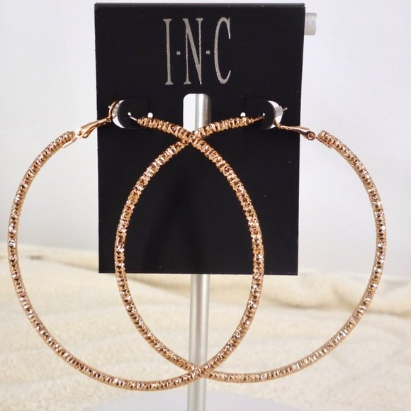 INC Hoop Earrings Textured Rose Gold Plate 3 1/4" New Card Perfect MSP $22.50 - Picture 3 of 3